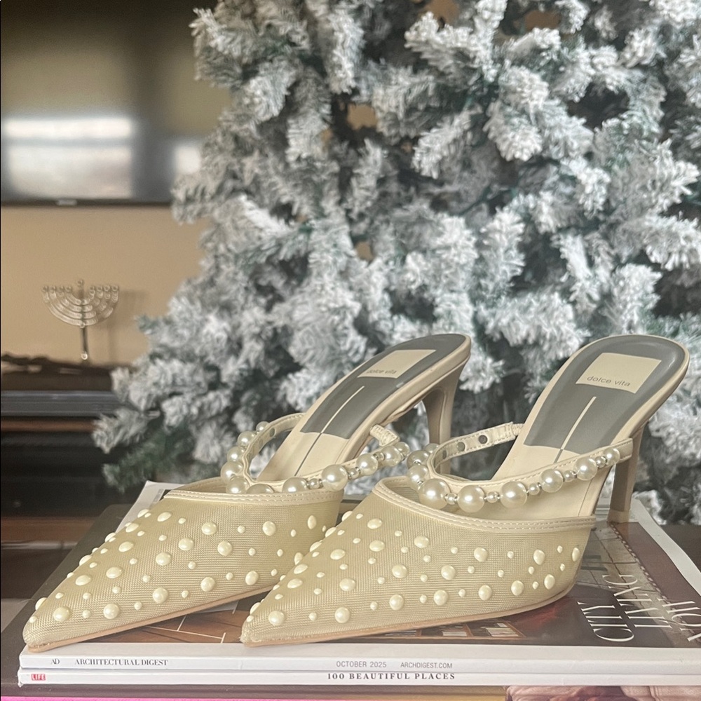 Blush mesh Dolce Vita Bridal Heels with Pearl Accents